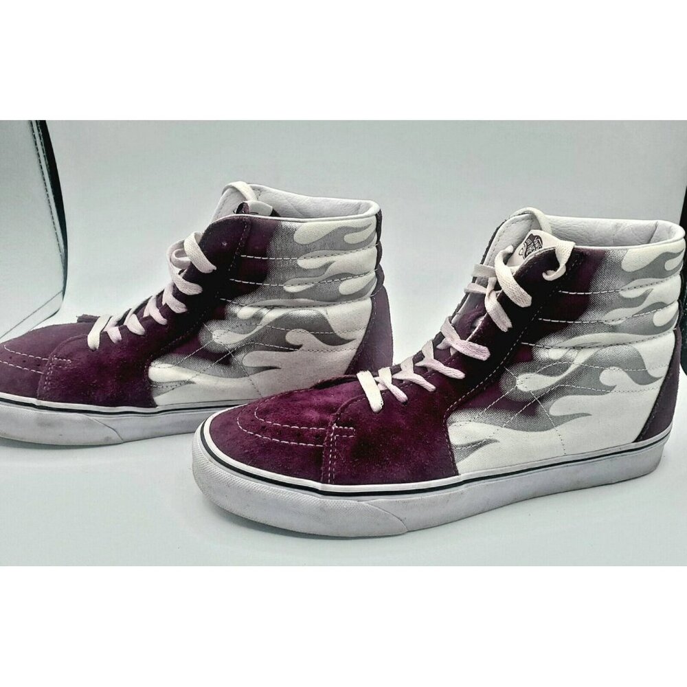 Size 11.5 - VANS Sk8-Hi Logo Purple & White Flame High Top Sneakers EUC Burgandy